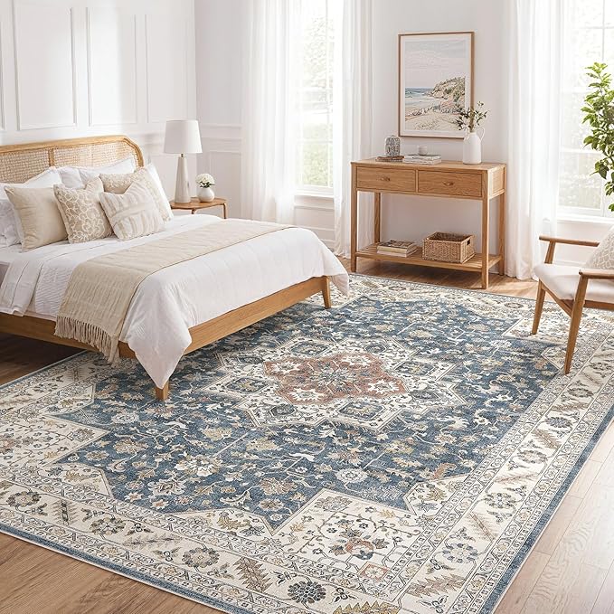 Vintage Living Room Area Rug 7x9 - Large Soft Washable Oriental Traditional Distressed Farmhouse Rugs for Bedroom - Indoor Floor Accent Carpet for Home Office House Decor - Vintage Blue