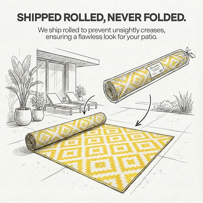 FH Home Outdoor Rug - Waterproof, Fade Resistant, Reversible - Premium Recycled Plastic - Geometric - Large Patio, Deck, Sunroom, Camping, RV - Aztec - Yellow & White Crease Free - 6 x 9 ft