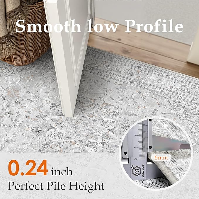 Grey 2x3 Area Rug Washable Vintage Small Carpet for Entryway Kitchen Soft Retro Floral Low Pile Thin Door Mat Non Slip Central Medallion Throw Rug for Bathroom Office Bedroom Dining Room