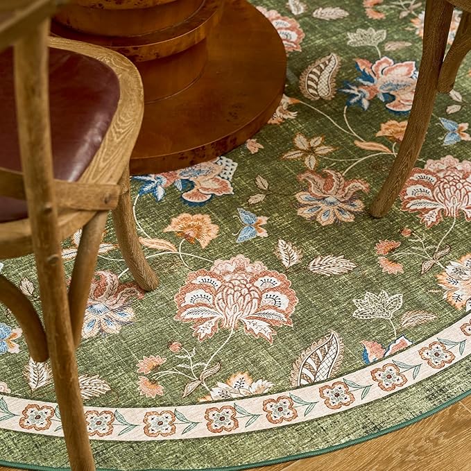 jinchan Elora Floral Corner Rug for Living Room Washable Rug Vintage Romance Christmas Design Non Slip Quarter Circle Lightweight Low-Pile Throw Carpet for Reading Nook Playroom, 8ft Radius, Green