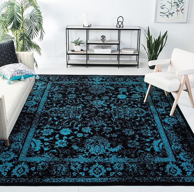 SAFAVIEH Area Rug 8x10 - Adirondack Collection - Large - Black & Teal, Distressed Vintage Floral Design, Non-Shedding & Easy to Clean, Ideal for Living Room, Bedroom, Dining Space (ADR109K)