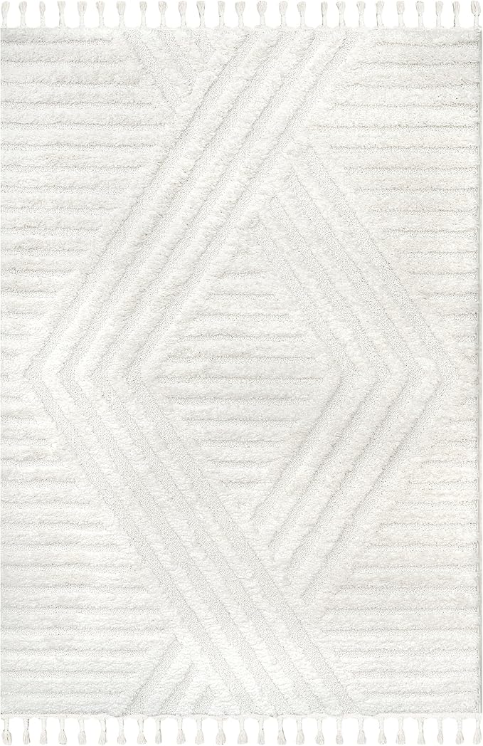 nuLOOM Risette Geometric Shag Tassel Area Rug - 4x6 Shag Area Rug Casual Ivory Rugs for Living Room Bedroom Dining Room Nursery Kitchen