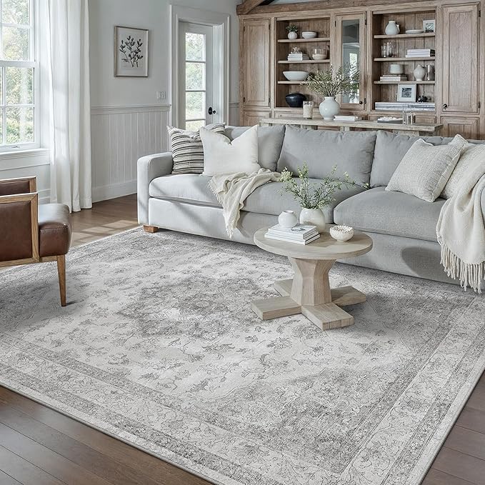 Grey Gray Area Rug 5x7 Washable Vintage Carpet for Living Room Office Soft Retro Low Pile Thin Indoor Rug Non Slip Oriental Medallion Floor Cover for Bedroom Dining Room