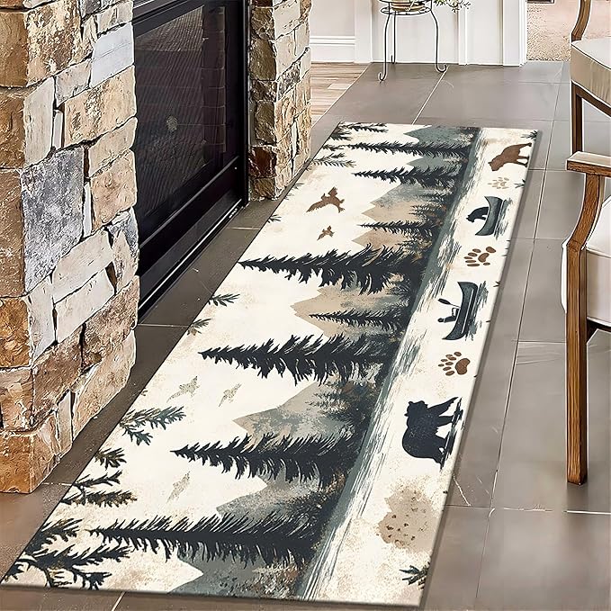 Retro Bear Claw Mountain Runner Rug 2.6x7ft with Elk Cabin - Non-Slip Bohemian Rug, Washable Floor Mat for Balcony Corridor, River Landscape Art