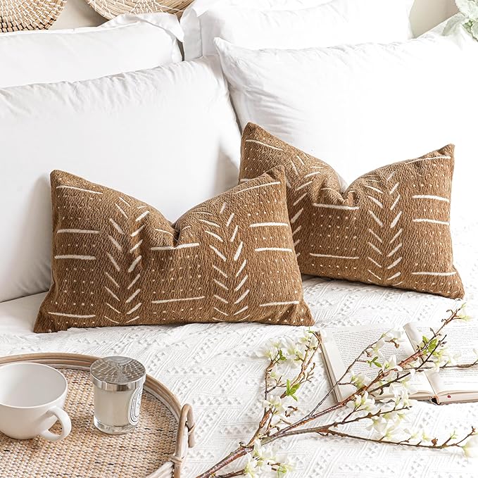 BlissBlush Fall Brown Decorative Lumbar Throw Pillow Covers 12X20, Set of 2, Boho Farmhouse Cushion Cover, Soft Accent Pillowcase for Couch Sofa Bed Living Room Home Décor