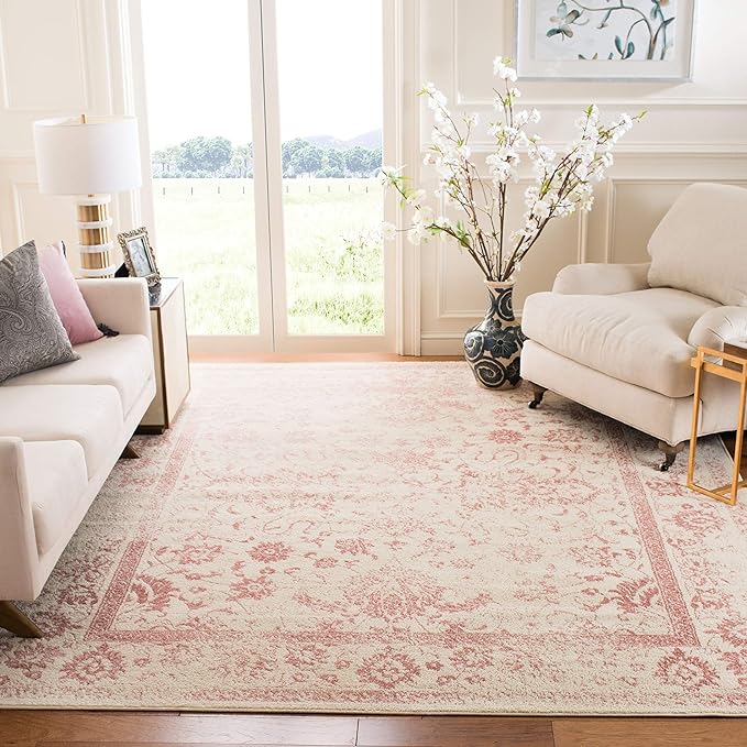 SAFAVIEH Adirondack Collection Area Rug - 10' Square, Ivory & Rose, Distressed Vintage Floral Design, Non-Shedding & Easy to Clean, Ideal for Living Room, Bedroom, Dining Space (ADR109H)