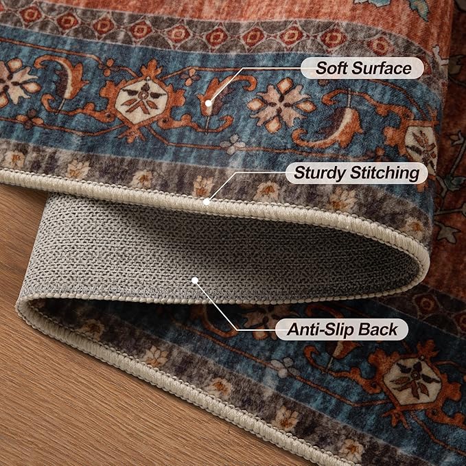 Tangsoo 3x5 Washable Rugs Oriental Area Rug, Vintage Non Slip Indoor Accent Rug, Print Distressed Terracotta Carpet, Soft Low Pile Rug for Living Room Dining Bedroom Bedside Entryway