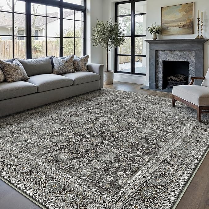 Vintage Area Rug 8x10 Black Washable Living Room Large Carpet Non Slip Bedroom Indoor Office Low Pile Traditional Distressed Retro Accent Rug for Dining Room