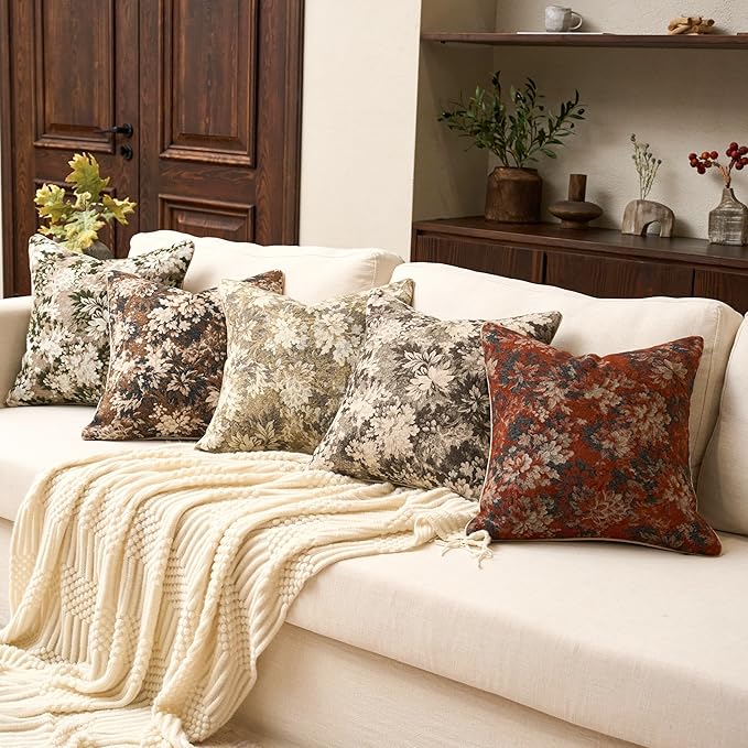Yangest Neutral Floral Pillow Cover 24 x 24 Inches, Vintage Chenille Square Throw Pillow Cover Soft Decorative Farmhouse Accent Couch Pillow Cover for Living Room Bedroom, Coffee Brown