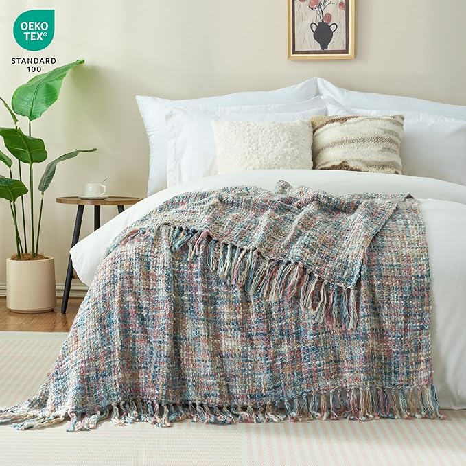 Multi-Color Pink Blue Cable Knitted Throw Blanket for Couch,60"X80" Boho Style Textured Blankets for Home Decor,Super Soft Warm Cozy Chunky Knit Blanket with Decorative Tassels for Bed