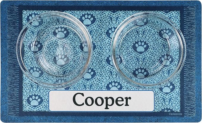 Drymate Personalized Pet Bowl Placemat, Custom Dog & Cat Food Feeding Mat - Absorbent Fabric, Waterproof Backing - Machine Washable/Durable (USA Made) (12" x 20") (Blue Paw Braid)