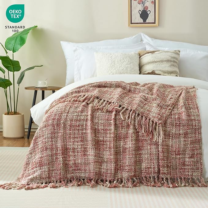Multi-Color Light Pink Cable Knitted Throw Blanket for Couch,50"X60" Boho Style Textured Blankets for Home Decor,Super Soft Warm Cozy Chunky Knit Blanket with Decorative Tassels for Bed