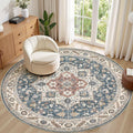 8ft Round Vintage Living Room Area Rug - 8x8 Large Soft Washable Oriental Traditional Distressed Farmhouse Rugs for Bedroom - Indoor Floor Accent Carpet for Home Office House Decor - Vintage Blue