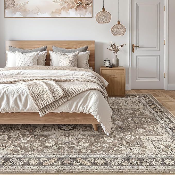 Vintage Living Room Area Rug 5x8 - Large Soft Washable Oriental Traditional Distressed Farmhouse Rugs for Bedroom - Indoor Floor Accent Carpet for Home Office House Decor - Brown