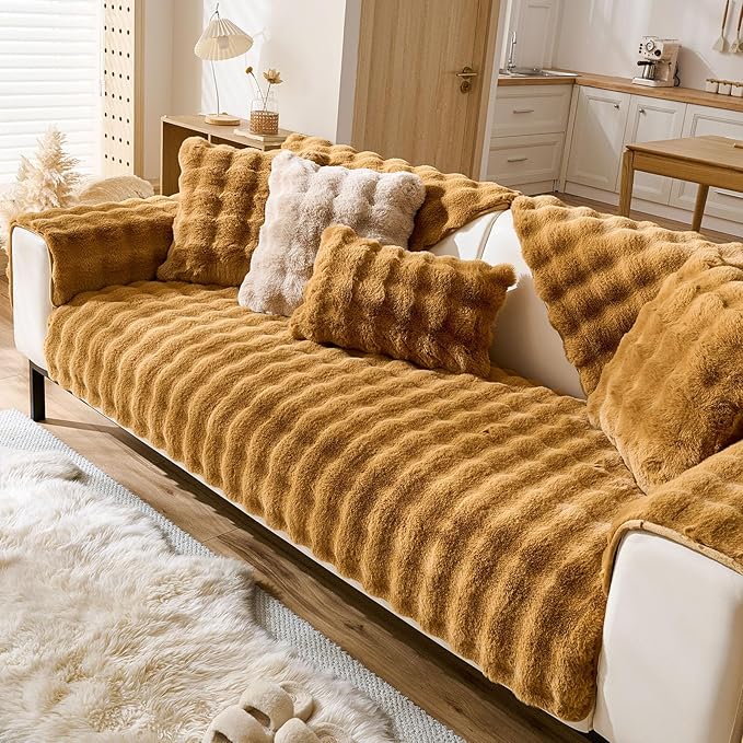 Faux Fur Couch Cover Fuzzy Soft Plush Thick Bubble Sofa Cover Luxury Sectional Couch Covers Luxury Anti-Slip Sofa Slipcover Washable Furniture Protector (Brown Yellow,36"x47")