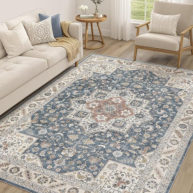 Vintage Living Room Area Rug 5x8 - Large Soft Washable Oriental Traditional Distressed Farmhouse Rugs for Bedroom - Indoor Floor Accent Carpet for Home Office House Decor - Vintage Blue