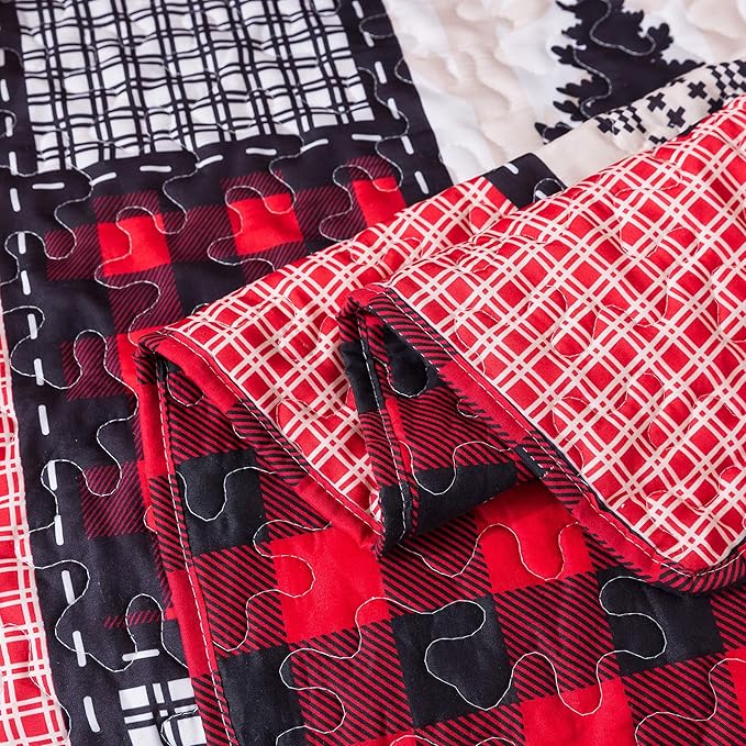 Soul & Lane Deer in The Pines 50" x 60" Lightweight Buffalo Plaid Blanket: Christmas Rustic Bedding Quilted Throw, Check Black and Red Quilt, Holiday Outdoor Coverlet, Lodge Winter Lap Comforter
