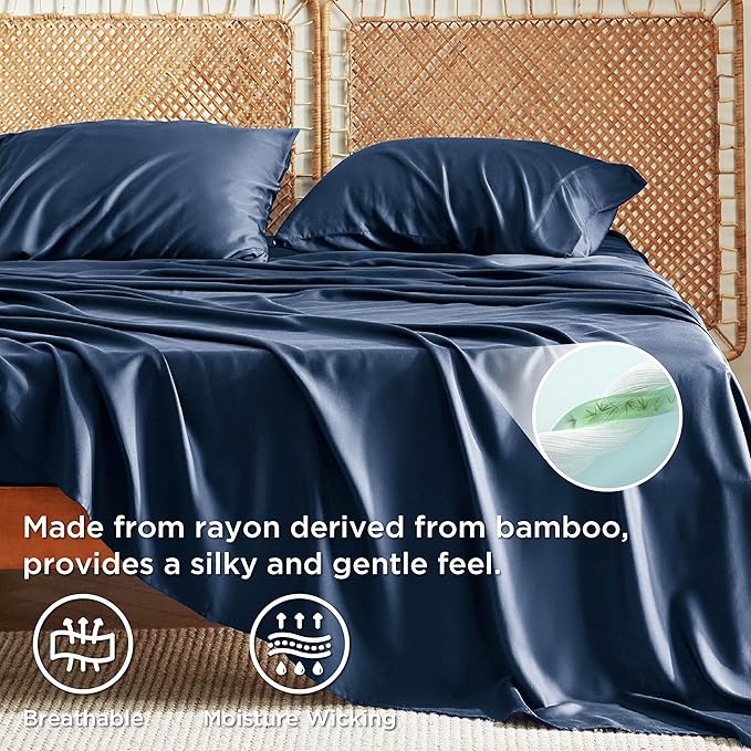 Bedsure Full Size Bed Sheets, Cooling Sheets, Rayon Derived from Bamboo, Breathable & Soft, Deep Pocket Up to 16 Inches, Hotel Luxury Silky Bedding for Hot Sleepers, Navy
