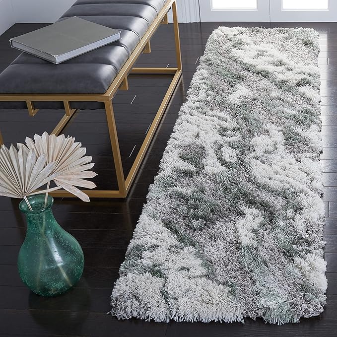SAFAVIEH Horizon Shag Collection Runner Rug - 2' x 15', Grey & Green, Modern Abstract Design, Non-Shedding & Easy Care, 2.6-inch Thick Ideal for High Traffic Areas in Living Room, Bedroom (HZN890Y)