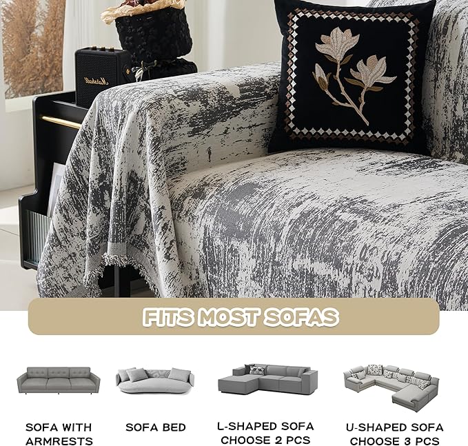MEETSKY Couch Cover Boho Sofa Covers Couch Covers for 3 Cushion Couch Sofa Pet Friendly, Washable Abstract Geometric Sofa Slipcover L-Shape Sectional Sofa Cover with Tassel, 91" x 134", Deep Grey