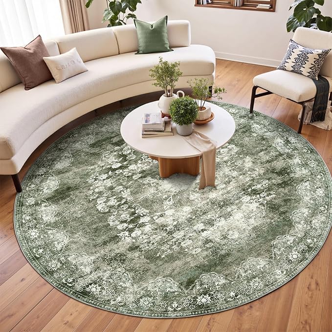 jinchan Round Rug 7ft Area Rug - Green Vintage Floor Mat Kitchen Indoor - Washable Circle 7' Thin Floral Print Christmas Carpet Retro Farmhouse Non Slip Dining Room Living Room Bedroom Office