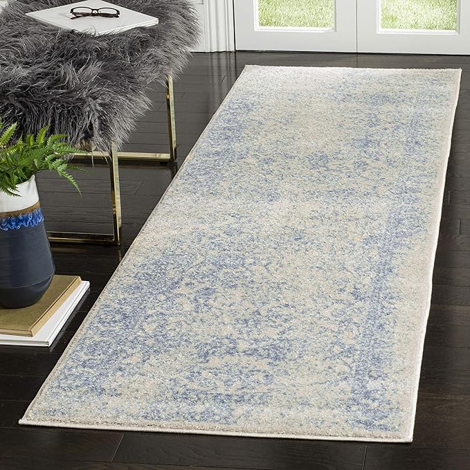 SAFAVIEH Adirondack Collection Runner Rug - 2'6" x 6', Ivory & Light Blue, Distressed Vintage Floral Design, Non-Shedding & Easy to Clean, Ideal for Hallway, Foyer, Entryway, Bedroom (ADR109L)