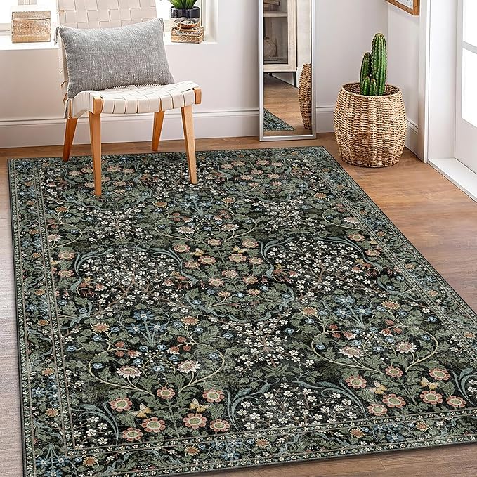 MUJOO 3x5 Rug Washable,Floral Area Rug for Bedroom Office Entryway Living Room Bedside,Small Throw Carpet Boho Non Slip Indoor Floor Botanical Vintage Ultra-Thin Black and Green