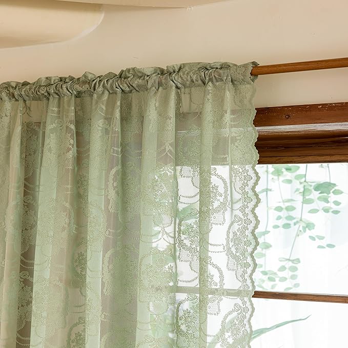 Green Lace French Delicacy Curtains 96 Inches Long -Rod Pocket Luxury Vintage Bow Butterfly Sheer Lace Flower Curtains for Living Room Bedroom，52 x 96 Inch, 2 Panels