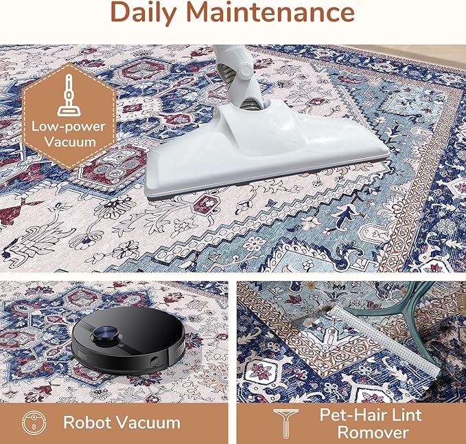 OPPODREAM Thin Area Rugs 4x6, Low-Pile Washable Rugs 4x6 with Non Slip Backing, Faux Cashmere 4 x 6 Throw Carpet, Navy Blue & Red & Cream