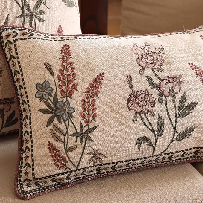 ISAENNE Design Linen Vintage Throw Pillow Covers 12"x20", Rectangle Cushion Covers with Red Purple Flowers Green Leaves Pattern Decoration Pillowcases for Bed,Living Room,Outdoor,Car