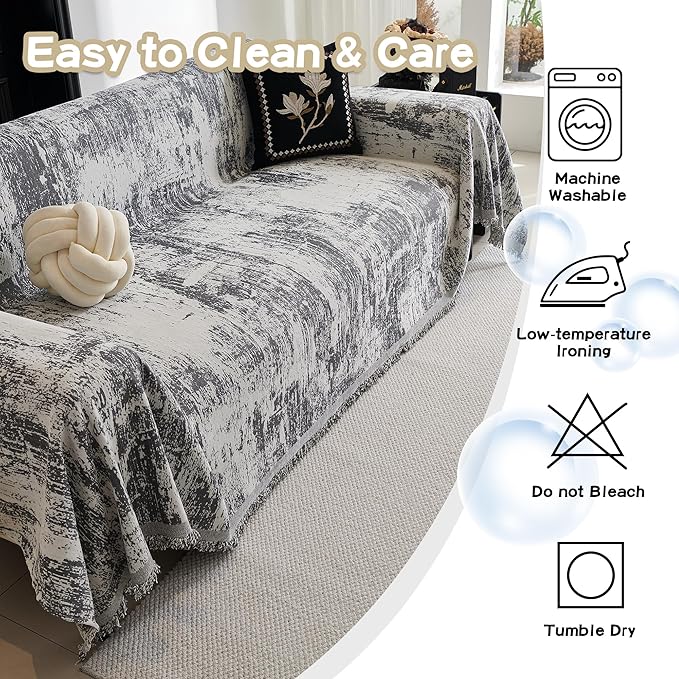 MEETSKY Couch Cover Boho Sofa Covers Couch Covers for 3 Cushion Couch Sofa Pet Friendly, Washable Abstract Geometric Sofa Slipcover L-Shape Sectional Sofa Cover with Tassel, 91" x 134", Deep Grey