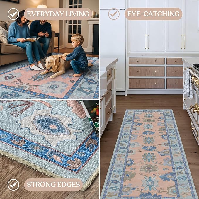 Fame Living Modern Oushak Runner Rug, Runners, Vintage, Turkish, Eclectic, Floral, Pastel, Washable, Long Runner Rugs for Hallway, Kitchen, Living Room, Bedroom, Kitchen, Bathroom, 2'5"x13'