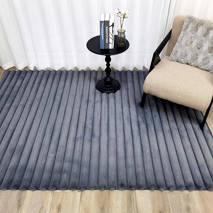 GLORY RUGS Area Rugs Striped Soft Faux Rabbit Fur Rug 5x7 Becky Gray Plush Carpet Shag Cozy Fluffy Rug Non Slip Rugs, Machine Washable Shaggy Area Rug Bedroom Living Room and Dining Room.