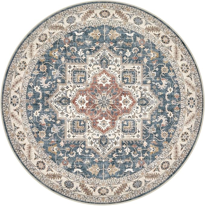 8ft Round Vintage Living Room Area Rug - 8x8 Large Soft Washable Oriental Traditional Distressed Farmhouse Rugs for Bedroom - Indoor Floor Accent Carpet for Home Office House Decor - Vintage Blue