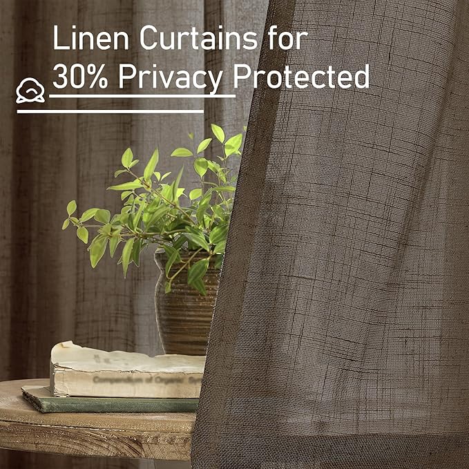 LAMIT Linen Curtains 30 Inch Length for Cafe, Semi Sheer Light Filtering Panels Back Tab and Rod Pocket Neutral Drapes for Basement/Window/Loft Room, Dark Brown, 2 Panels, 34 x 30 Inch