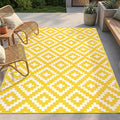 FH Home Outdoor Rug - Waterproof, Fade Resistant, Reversible - Premium Recycled Plastic - Geometric - Patio, Porch, Deck, Balcony - Aztec - Yellow & White Crease Free - 5 x 8 ft