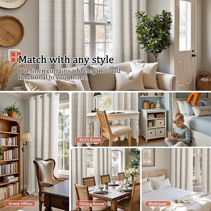 Plaid Curtains Pattern Printed 90 Inches Long - Total Linen Blackout Curtains for Living Room, Boho Cottage Core Grommet Drapes for Farmhouse Thermal Drapery 52x90 Inch 2 Panels, Natural