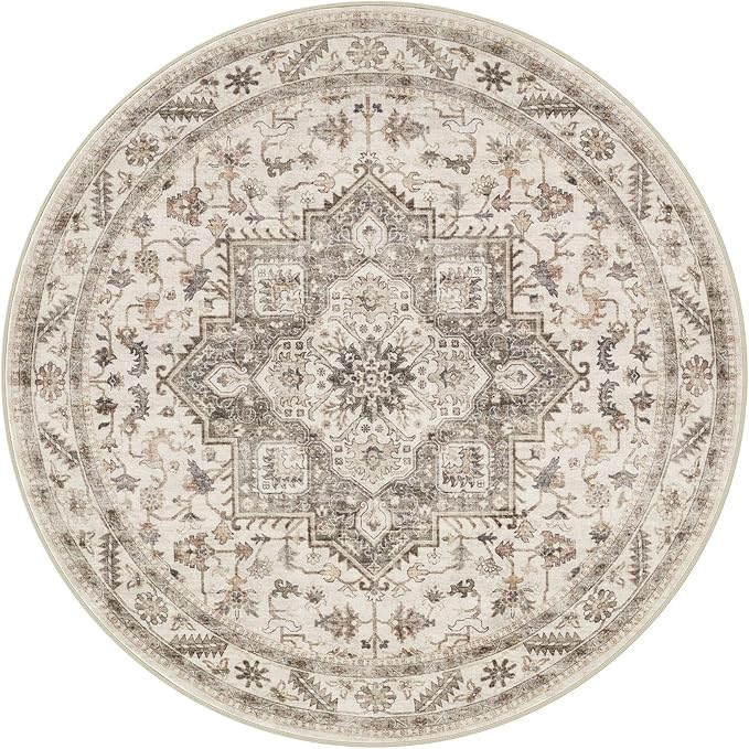 5ft Round Vintage Living Room Area Rug - 5x5 Large Soft Washable Oriental Traditional Distressed Farmhouse Rugs for Bedroom - Indoor Floor Accent Carpet for Home Office House Decor - Light Brown