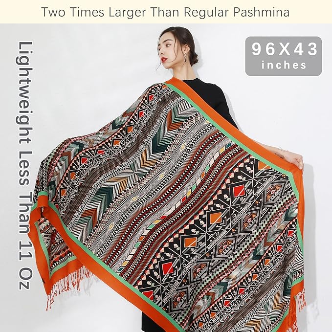 DANA XU 100% Merino Wool Pashmina Shawl for Women 96"x43", Oversized Cashmere Wrap with Tassels, Floral Travel Blanket Cape