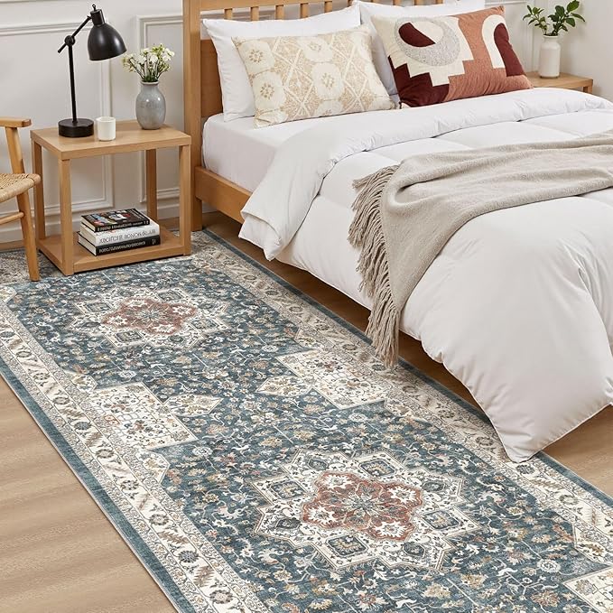 Vintage Hallway Runner Rug 3x10: Large Soft Washable Entryway for Kitchen Laundry Room Non-Slip Backing Runner for Entrance Living Room Bedroom Bathroom - Vintage Blue
