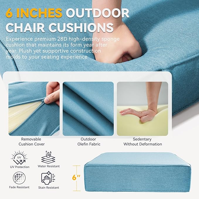 Outdoor Cushion Set for Furniture Patio Furniture, UV Resistant, Water Resistant - 6 Inch Thick Foam Garden Cushions– 24x24 Inch Patio Seat Covers for Chair/Sofa/Couch | Light Blue | 12-Pack |