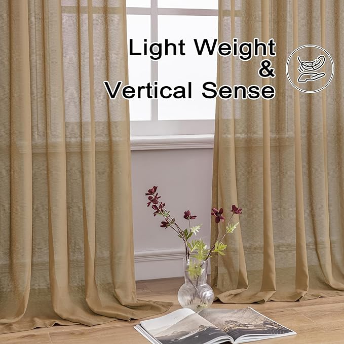 MAIHER 90 Inch Length Pinch Pleat Sheer Curtains for Bedroom Living Room Soft Touch Voile Light Filtering Pleated Drapes with Adjustable Hooks, Khaki, 42" W x 90" L, 2 Panels