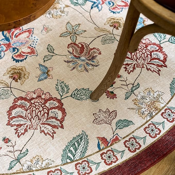 jinchan Elora Floral Corner Rug for Washable Nursery Rug Vintage Romance Christmas Design Non Slip Quarter Circle Lightweight Low-Pile Throw Carpet for Playroom Nook Office, 5ft Radius, Red/Beige