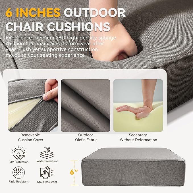 Outdoor Cushion Set for Furniture Patio Furniture, UV Resistant, Water Resistant - 6 Inch Thick Foam Garden Cushions– 24x24 Inch Patio Seat Covers for Chair/Sofa/Couch | Grey | 8-Pack |