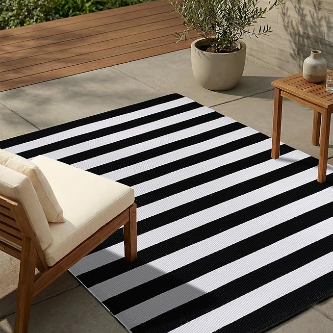 FH Home Outdoor Rug - Waterproof, Fade Resistant, Reversible - Premium Recycled Plastic - Striped - Large Patio, Deck, Sunroom, Camping, RV - Brittany Stripe - Black & White Crease Free - 6 x 9 ft