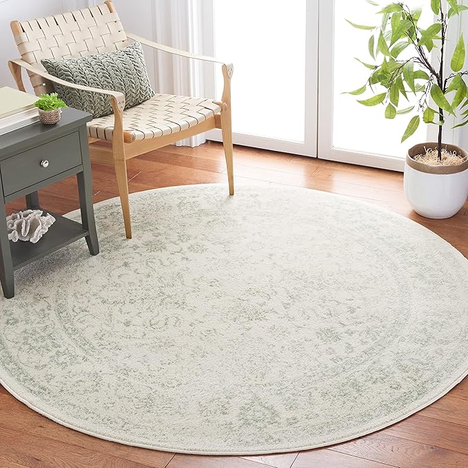 SAFAVIEH Adirondack Collection Area Rug - 9' Round, Ivory & Sage, Distressed Vintage Floral Design, Non-Shedding & Easy to Clean, Ideal for Living Room, Bedroom, Dining Space (ADR109V)