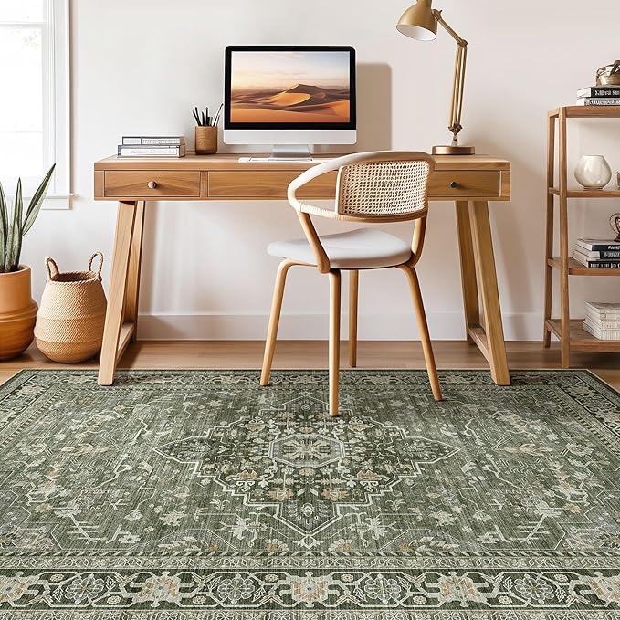 8x10 Area Rugs Living Room: Washable Boho Large Neutral Vintage Soft Rug Stain Resistant Farmhouse Non-Slip Indoor Floor Carpet for Bedroom Nursery Kids Playroom Office Dining Room Home- Dark Green