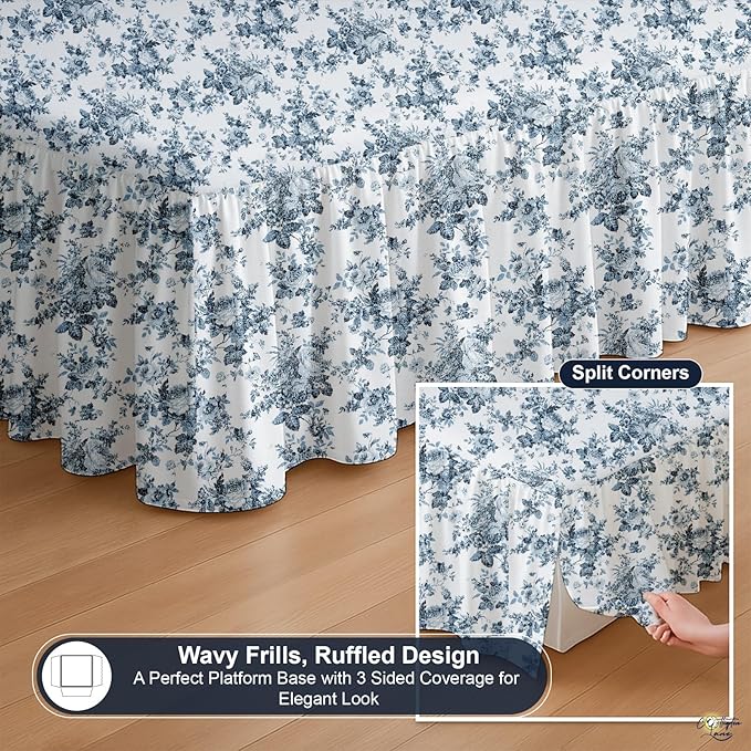 Cottington Lane Ruffled Bed Skirt King Size with Split Corner, Brushed Microfiber Hotel Quality Dust Ruffle, 18 Inch Drop Gathered Bedskirt, Soft, Stylish, Shrink & Fade Resistant, Blue Floral Bliss