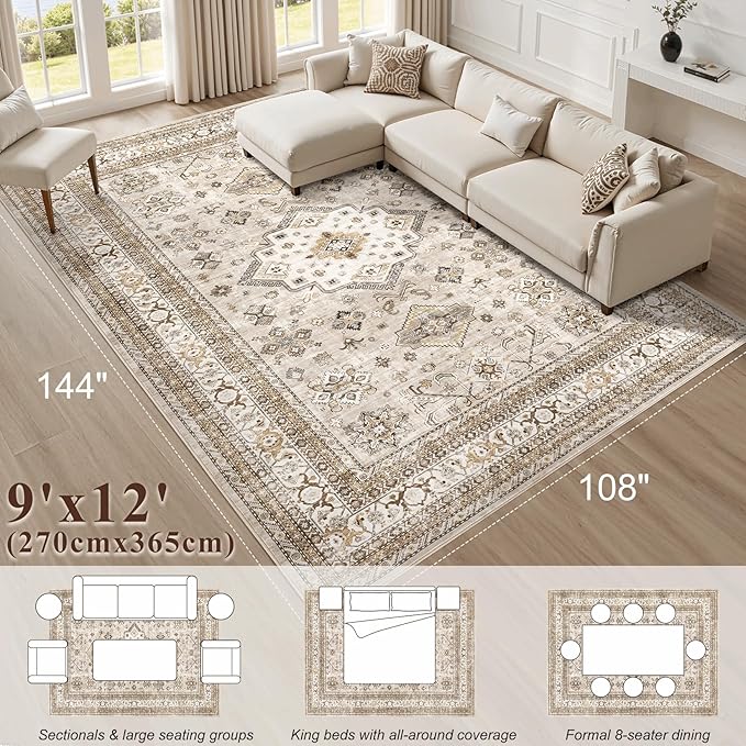 Vintage Living Room Area Rug 9x12 - Large Soft Washable Oriental Traditional Distressed Farmhouse Rugs for Bedroom - Indoor Floor Accent Carpet for Home Office House Decor - Beige