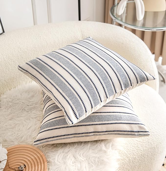 Decorative Boho Throw Pillow Covers, Farmhouse Textured Pillow Case, 18 x 18 Inch Set of 2, Chair Sofa Bedroom Living Room Decor Couch Cushion Case, Navy Blue and Beige Striped